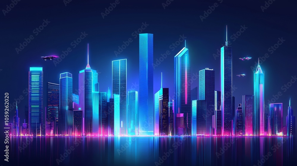 A futuristic neon cityscape featuring skyscrapers and flying vehicles at night A futuristic neon cityscape featuring skyscrapers and flying vehicles at night