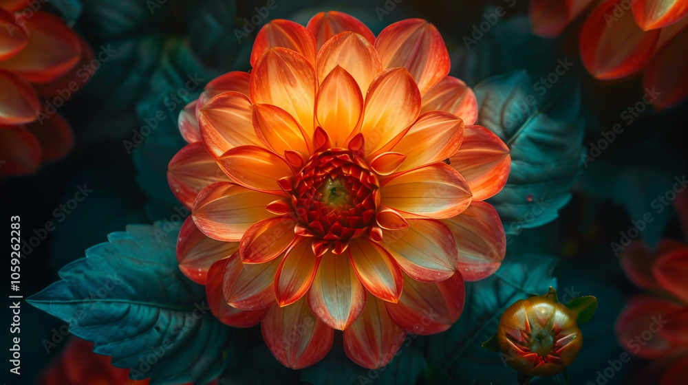 A spectacular close-up of a red and yellow dahlia in full bloom, each petal radiating outward with precise detail A spectacular close-up of a red and yellow dahlia in full bloom, each petal radiating outward with precise detail