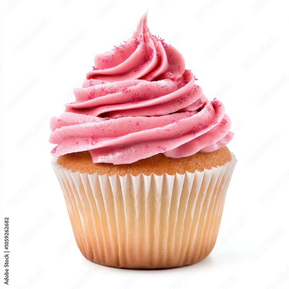 A delicious cupcake with a soft, golden base and a swirl of vibrant pink frosting on top. A delicious cupcake with a soft, golden base and a swirl of vibrant pink frosting on top.