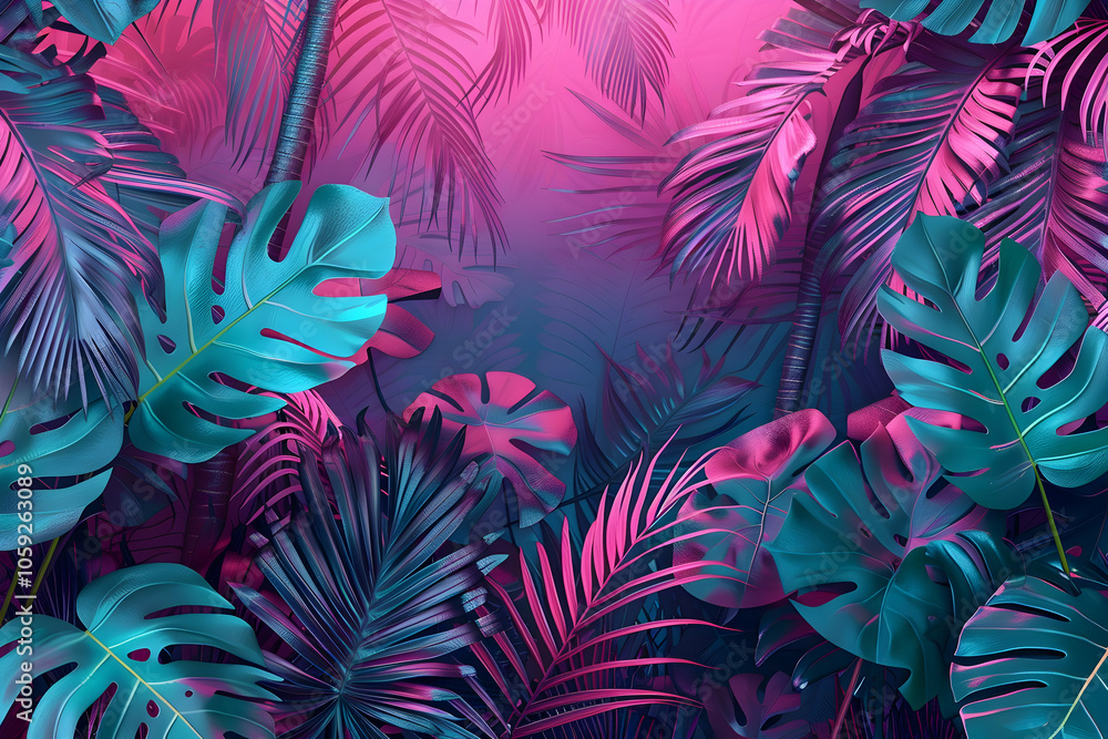 A neon pink and teal jungle scene with exotic plants, palm leaves, monstera, ferns, exotic flowers, bold colors, high contrast, low lighting, shadows, darkness A neon pink and teal jungle scene with exotic plants, palm leaves, monstera, ferns, exotic flowers, bold colors, high contrast, low lighting, shadows, darkness