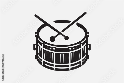 A simple black and white vector illustration of a snare drum with drumsticks.