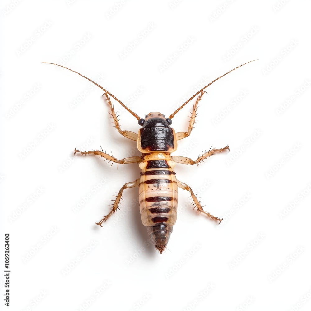 A close-up view of a small insect, showcasing its distinctive striped body and long antennae against a plain white background.
