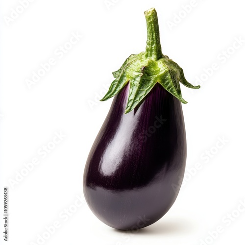 A shiny, deep purple eggplant with a green, spiky stem, showcasing its glossy texture and unique shape.
