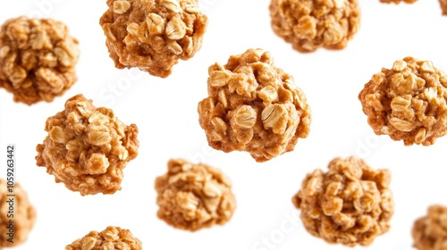 A batch of oatmeal cookies captured as they fall through the air, isolated on white with a close-up focus on texture.