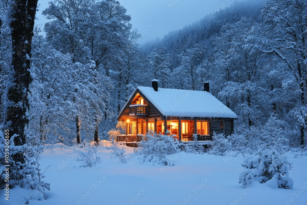 Cozy cabin in snow-covered woods of Norway, illuminated by warm lights, creating a peaceful nighttime atmosphere. Cozy cabin in snow-covered woods of Norway, illuminated by warm lights, creating a peaceful nighttime atmosphere.