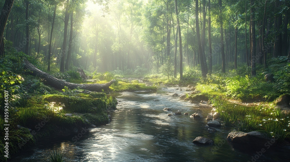Sunbeams illuminate a lush, green forest, casting a golden glow on a stream. Sunbeams illuminate a lush, green forest, casting a golden glow on a stream.