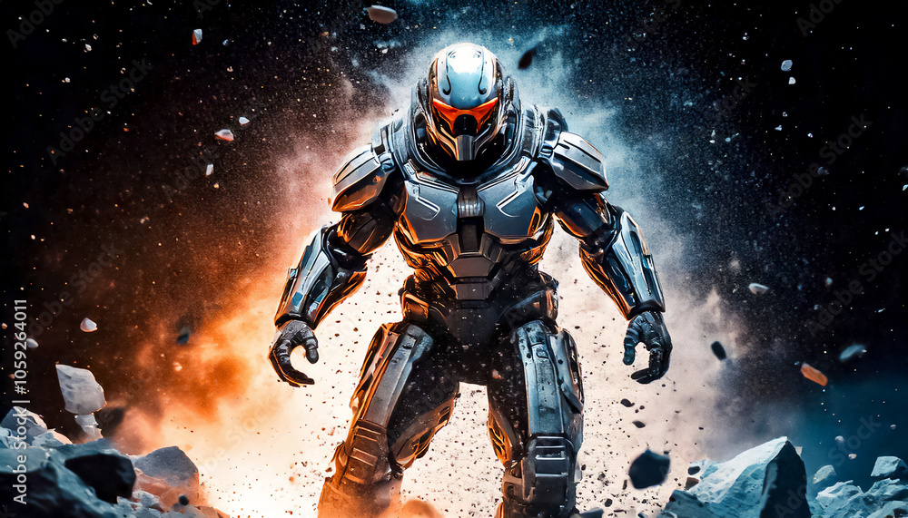 Fototapeta premium Astronaut, alien, robot in armored spacesuit in action on on asteroid surface. Starship troopers, star wars, space exploration, space science. Explosion, unfriendly planet, space war