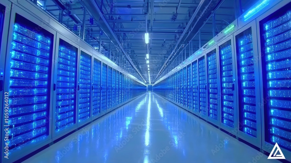 Data center interior with blue lighting and rows of servers in a modern facility. Data center interior with blue lighting and rows of servers in a modern facility.