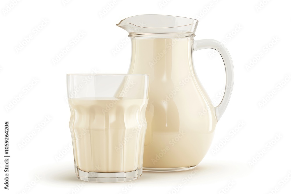 Natural whole milk in a jug and a glass isolated on a white background closeup Natural whole milk in a jug and a glass isolated on a white background closeup