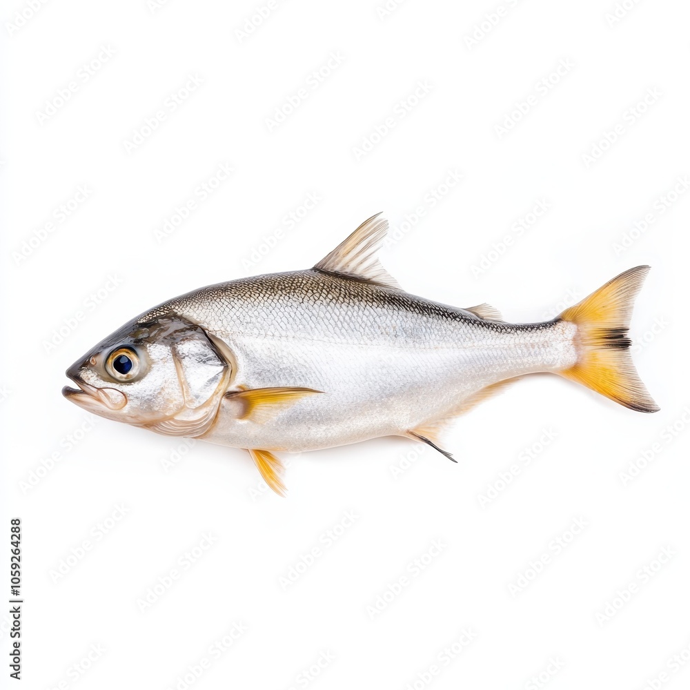 Fototapeta premium A shiny, silver fish with yellow accents, showcasing a streamlined body and distinctive features, resting against a plain background.