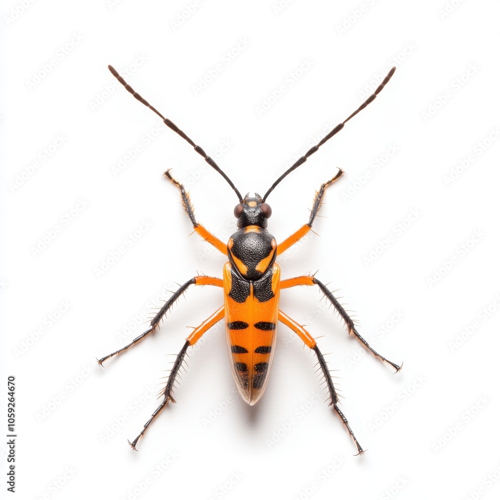Fototapeta premium A brightly colored insect with an orange body and black stripes, showcasing detailed features and long antennae against a white background.