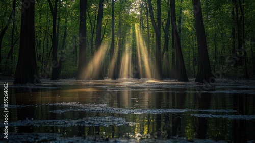 Sunbeams piercing through the trees in a swampy forest.