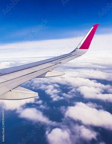 watercolor of an airplane wing cutting through the clouds with copy space