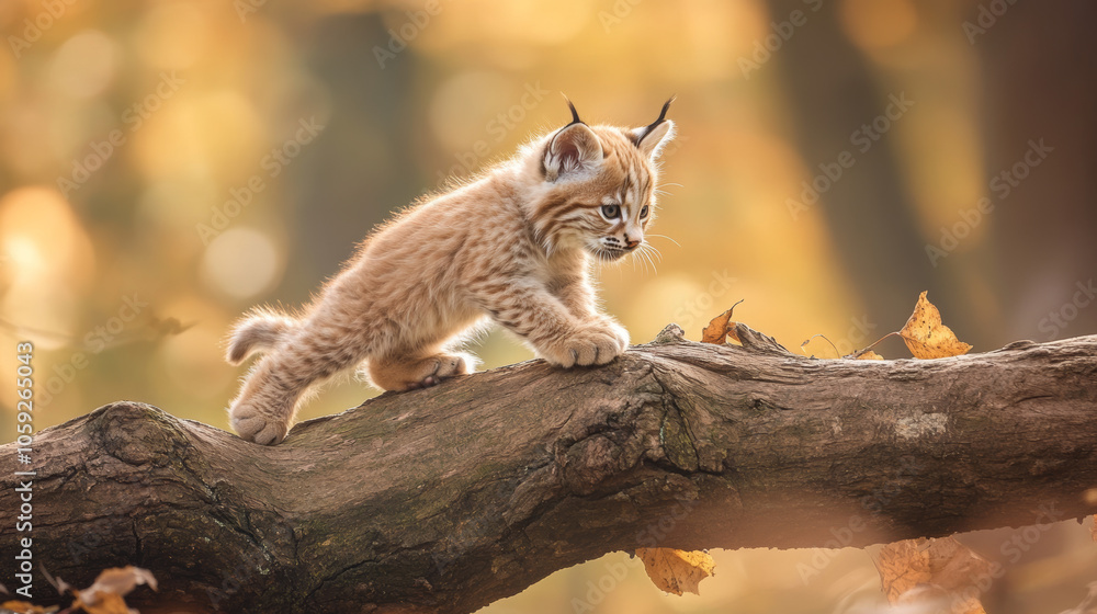 Obraz premium A baby Eurasian lynx, or Lynx lynx, was having fun playing on a fallen tree in the sunshine on a beautiful autumn day in the Czech Republic.