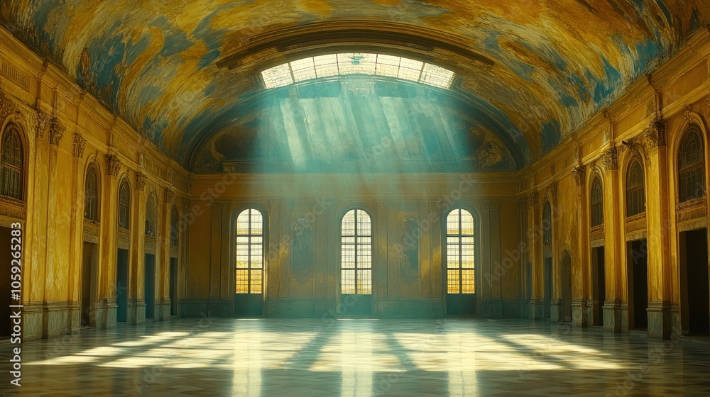 Sunbeams stream through a large arched window in a grand hall with a painted ceiling. Sunbeams stream through a large arched window in a grand hall with a painted ceiling.