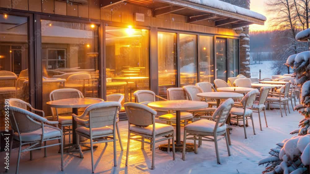 Cozy winter café patio with snow-covered tables and chairs during sunset Cozy winter café patio with snow-covered tables and chairs during sunset