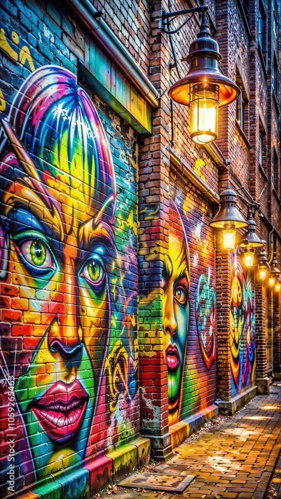 Fototapeta premium Colorful mural of faces on brick alley wall with vintage lamps