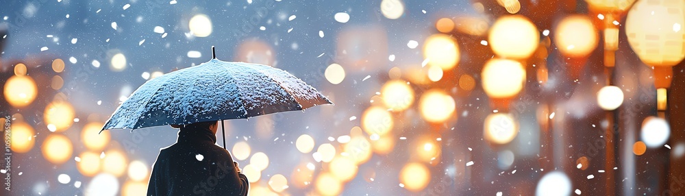 Silhouette of a person with an umbrella walking in snow, illuminated by soft glowing lights in a winter atmosphere. Silhouette of a person with an umbrella walking in snow, illuminated by soft glowing lights in a winter atmosphere.
