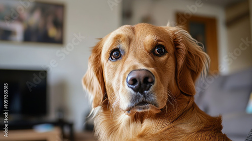 The dog in the photo stares at its owner with a hungry look. It seems like the dog wants something, maybe food. The picture was taken inside the owner's home.