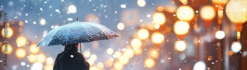 Silhouette of a person with an umbrella walking in snow, illuminated by soft glowing lights in a winter atmosphere.