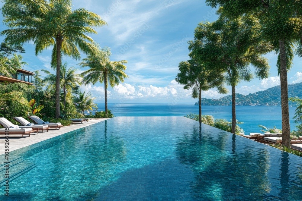 Luxury Infinity Pool with Ocean View and Palm Trees Luxury Infinity Pool with Ocean View and Palm Trees