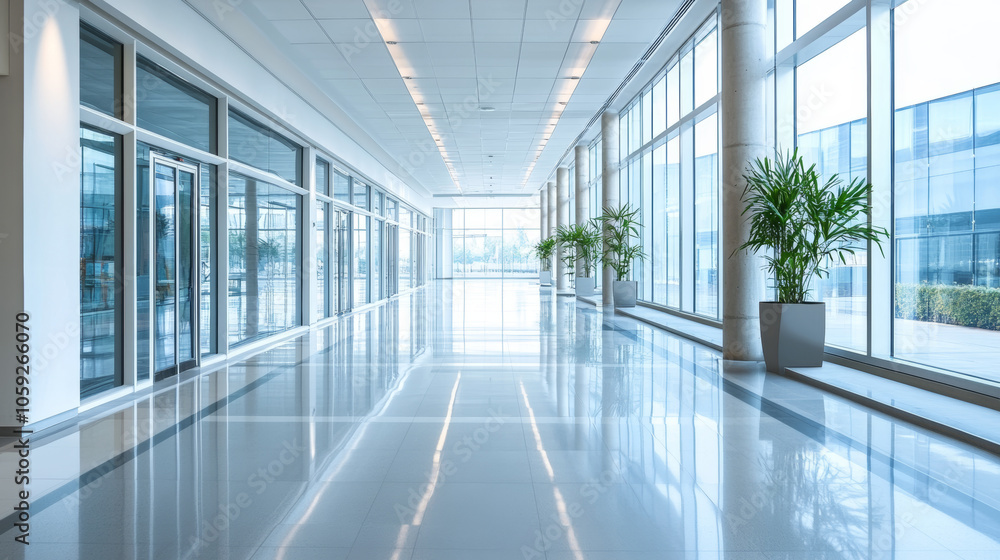 A modern office building with an empty hallway. The spacious office has big windows and bright lighting. A modern office building with an empty hallway. The spacious office has big windows and bright lighting.