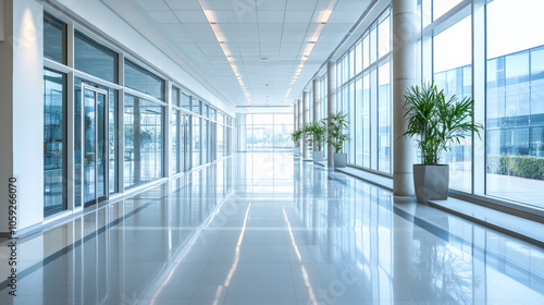 A modern office building with an empty hallway. The spacious office has big windows and bright lighting.