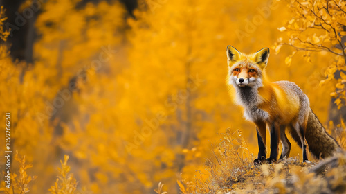 A red fox stands in the fall landscape of the Yukon Territory, Canada. photo