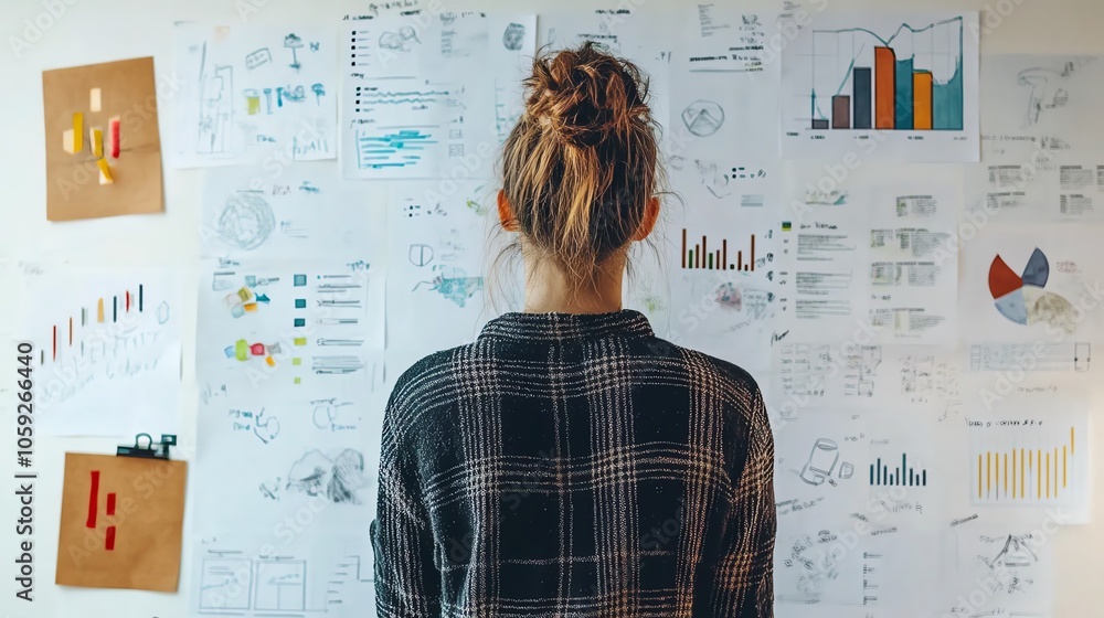 A woman analyzing diverse business charts and graphs on a wall, focusing on data insights and strategy development in an office environment. A woman analyzing diverse business charts and graphs on a wall, focusing on data insights and strategy development in an office environment.