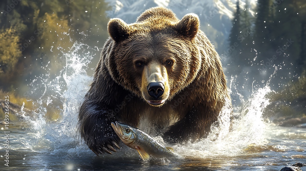 A large brown bear with sharp claws catches a fish in a river with mountains in the background. A large brown bear with sharp claws catches a fish in a river with mountains in the background.