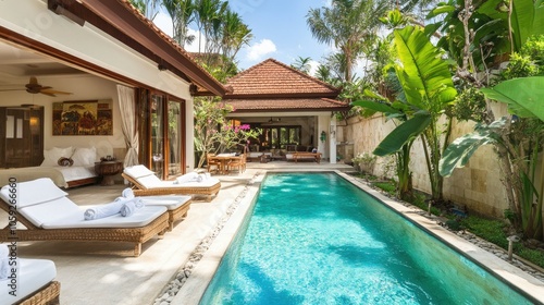 Wallpaper Mural Clean, sparkling pool in a private villa, set against a backdrop of contemporary design and greenery, no people, with a relaxing vibe. Torontodigital.ca