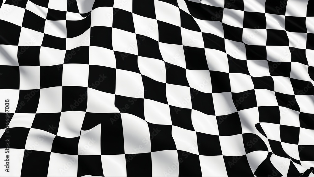Dynamic black and white checkered fabric movement with flowing patterns Dynamic black and white checkered fabric movement with flowing patterns