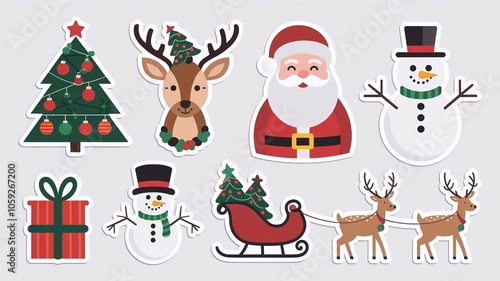 Set of Christmas stickers, Christmas tree, deer, Santa Claus, snowman, gift, sleigh, mug of tea, stickers on white background