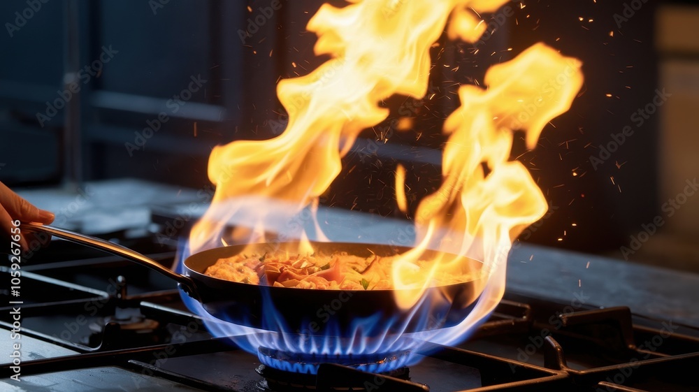 Close-up of cooking pan with hand stirring over high flame Close-up of cooking pan with hand stirring over high flame