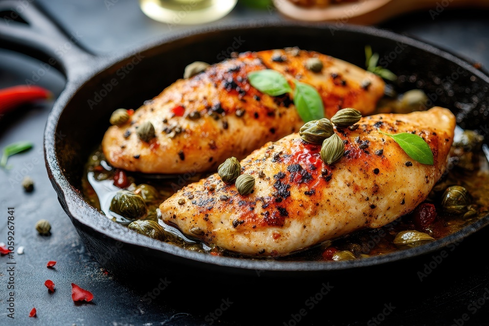 Italian dish Chicken Piccata with capers and white wine sauce cooked in cast iron pan Italian dish Chicken Piccata with capers and white wine sauce cooked in cast iron pan