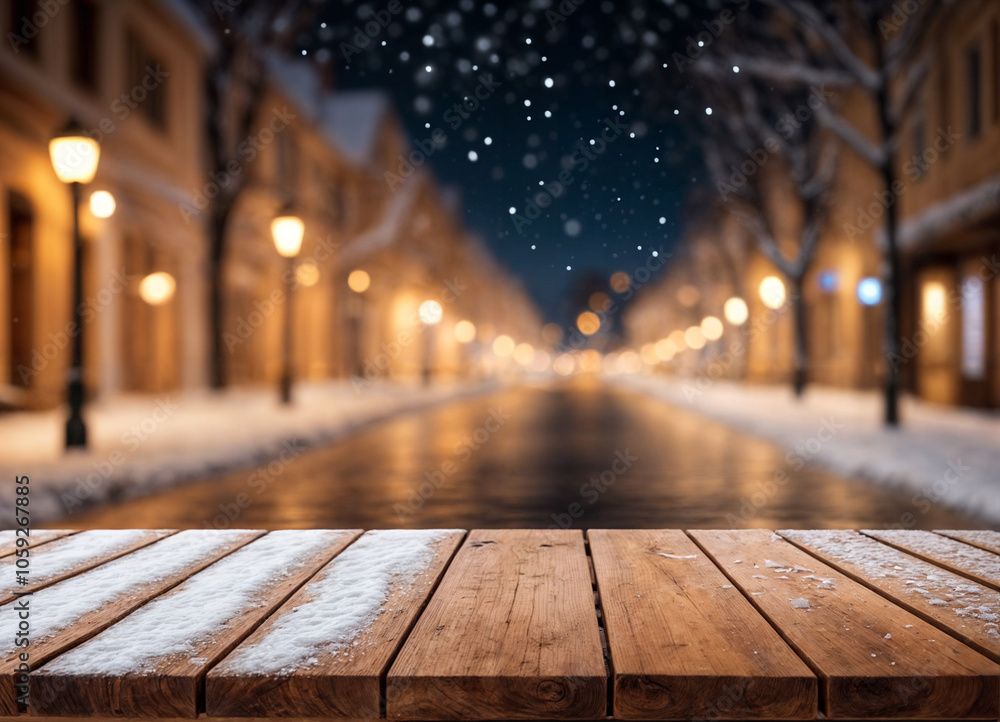empty wooden table christmas night street background empty wooden table christmas night street background