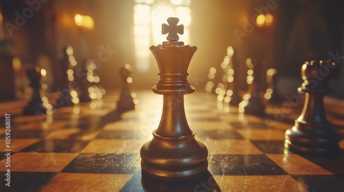 Close-up on chessboard with toppled king piece under intense lighting capturing strategy photo