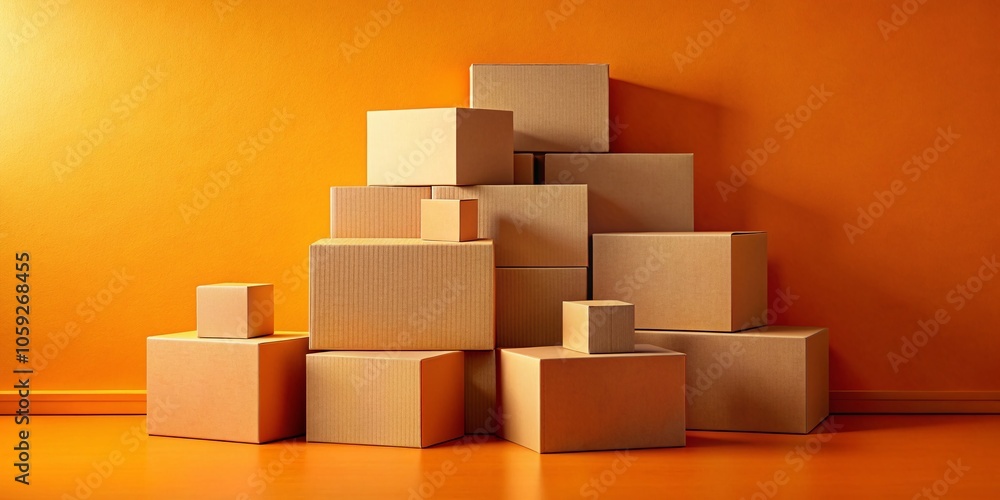 Fototapeta premium Cardboard Box Stack on Vibrant Orange Background - Ideal for Abstract Art and Modern Design Projects