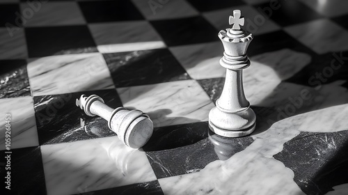 Dramatic close-up of a chessboard and fallen king piece with shadows representing fierce competition photo