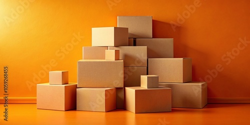 Cardboard Box Stack on Vibrant Orange Background - Ideal for Abstract Art and Modern Design Projects