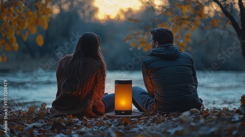 Fototapeta Naklejka Na Ścianę i Meble -  A couple enjoying a quiet fall evening with a portable speaker playing relaxing seasonal music. Nearby, a smart candle flickers, adding both warmth and ambiance to their outdoor setup 