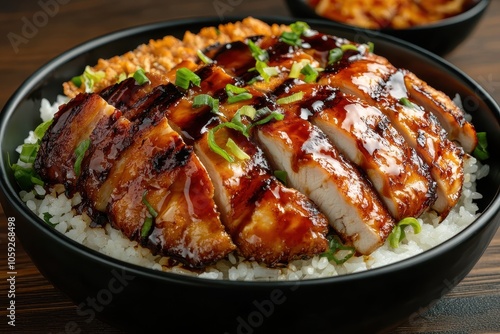 Japanese cuisine featuring grilled teriyaki chicken and tonkatsu don artfully presented in studio lighting Juicy chicken topped with teriyaki sauce in a minimalist style