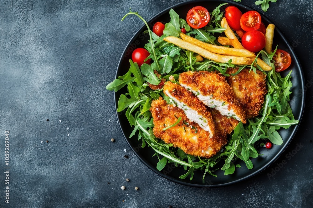 Juicy schnitzel served with fresh salad tomatoes and fries Juicy schnitzel served with fresh salad tomatoes and fries