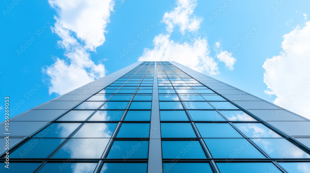 A tall, modern office building reaches up towards a bright blue sky.