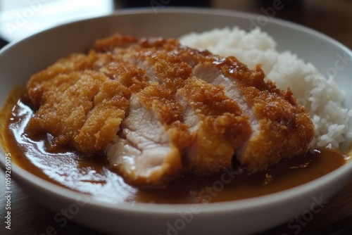 Katsu Curry Fried breaded pork or chicken cutlet with a rich mild curry sauce on rice providing a crunchy texture and sweet savory taste