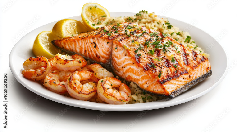 A delicious grilled salmon fillet, topped with lemon and shrimp. This seafood dish is a healthy choice. A delicious grilled salmon fillet, topped with lemon and shrimp. This seafood dish is a healthy choice.