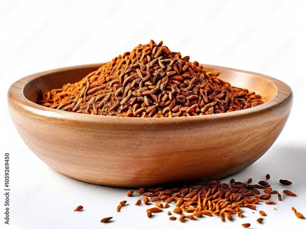 Ground cumin in a wooden bowl on a white bandckground. Generated by AI.
Ground cumin in a wooden bowl on a white bandckground. Generated by AI.