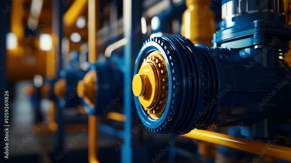 Close-up of industrial valve with intricate details and vibrant colors, showcasing modern engineering in a factory setting. Close-up of industrial valve with intricate details and vibrant colors, showcasing modern engineering in a factory setting.