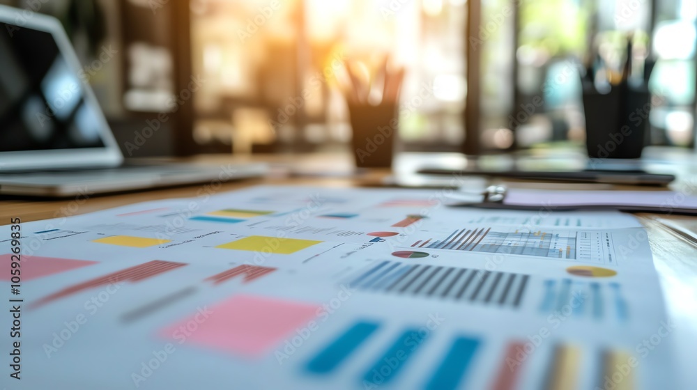 Closeup of business documents on a desk with graphs and charts, with a blurred office environment in the background during sunset. Closeup of business documents on a desk with graphs and charts, with a blurred office environment in the background during sunset.