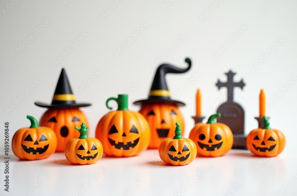 Halloween holiday toy pumpkins, toy caps, toy graves, toy candles, Halloween holiday toy pumpkins, toy caps, toy graves, toy candles,